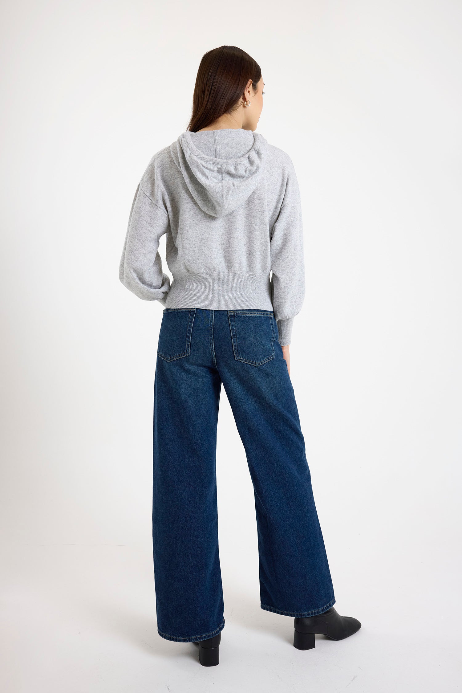 grey hoodie with rhinestone drawstrings rear view