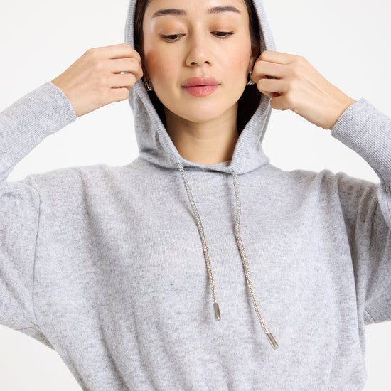 grey hoodie with rhinestone drawstrings model shot