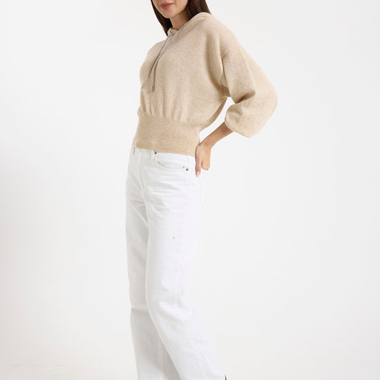 beige cashmere hoodie with rhinestone drawstring model shot