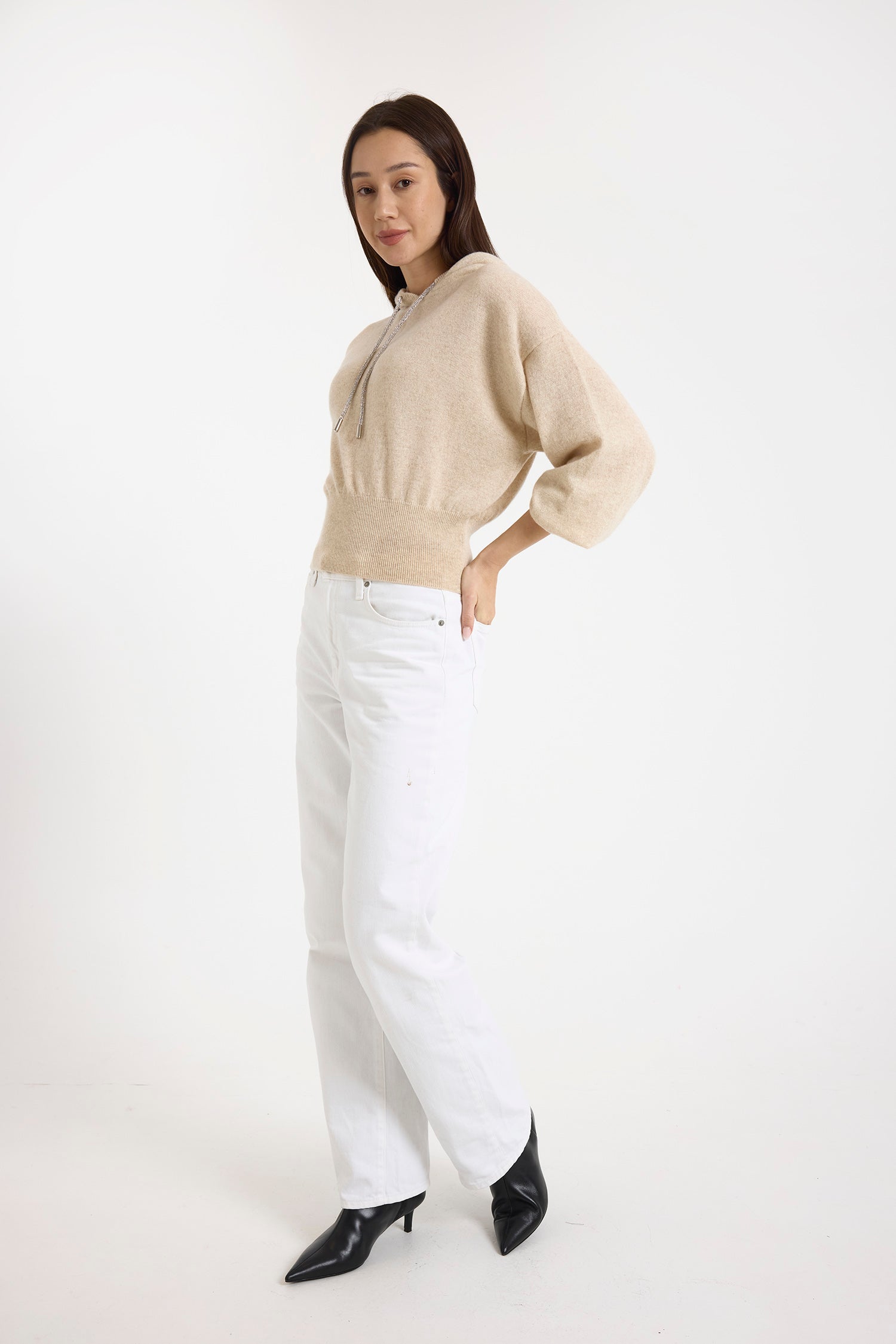 beige cashmere hoodie with rhinestone drawstring model shot