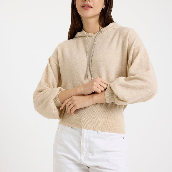 beige cashmere hoodie with rhinestone drawstring