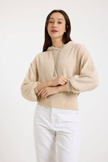 beige cashmere hoodie with rhinestone drawstring