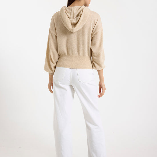 beige cashmere hoodie with rhinestone drawstring rear view