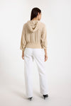 beige cashmere hoodie with rhinestone drawstring rear view