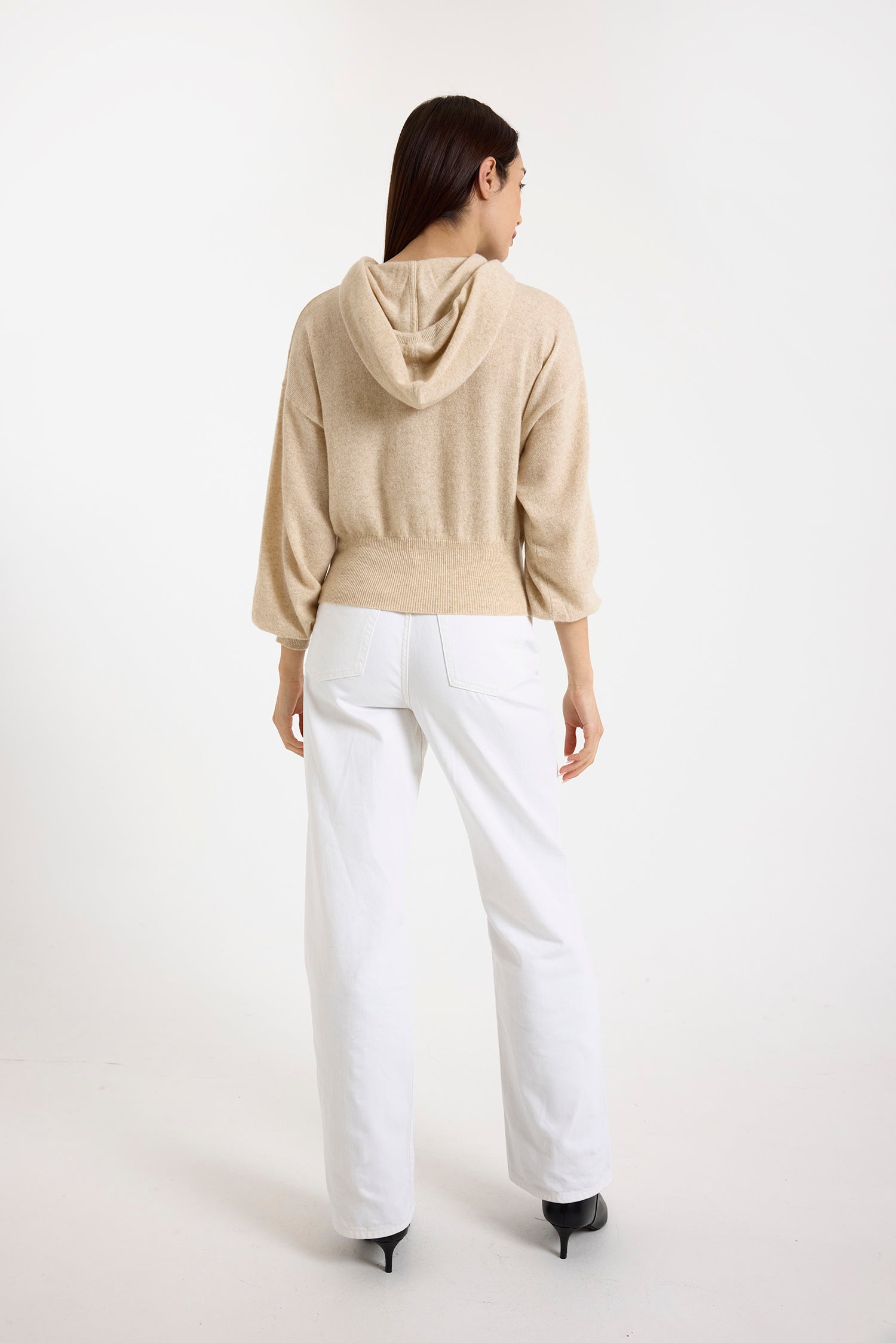 beige cashmere hoodie with rhinestone drawstring rear view