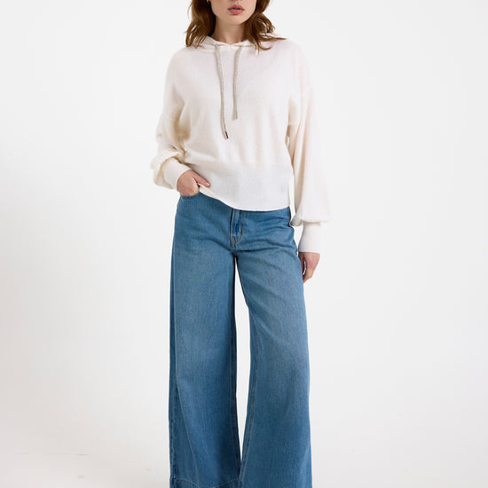 white hoodie with rhinestone drawstrings model shot