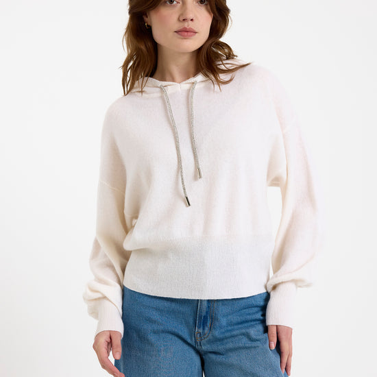 white hoodie with rhinestone drawstrings