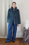 Blue faux fur short jacket worn with blue jeans