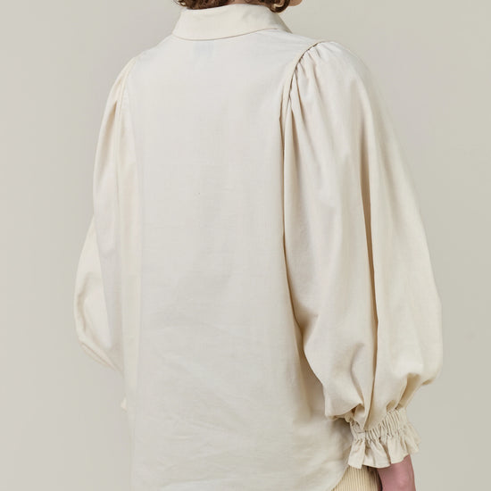 A model shown from the back wearing a cream-colored blouse with dramatic puffed balloon sleeves and gathered ruffled cuffs, paired with beige trousers, against a solid light beige background.