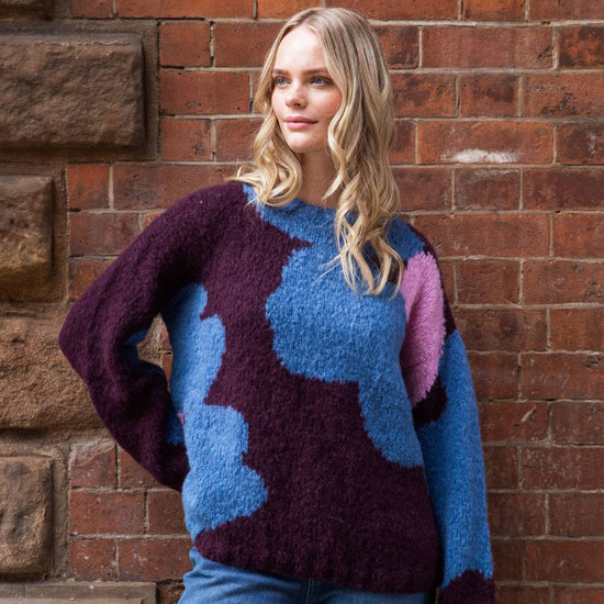 chunky round neck chocolate  jumper with mary quant style floral print in blue and pink 