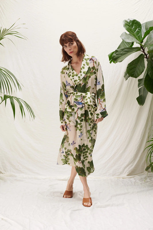 robe with green leaf and tree print  model shot 