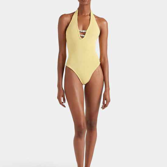 Model shot of yellow one sie swimsuit