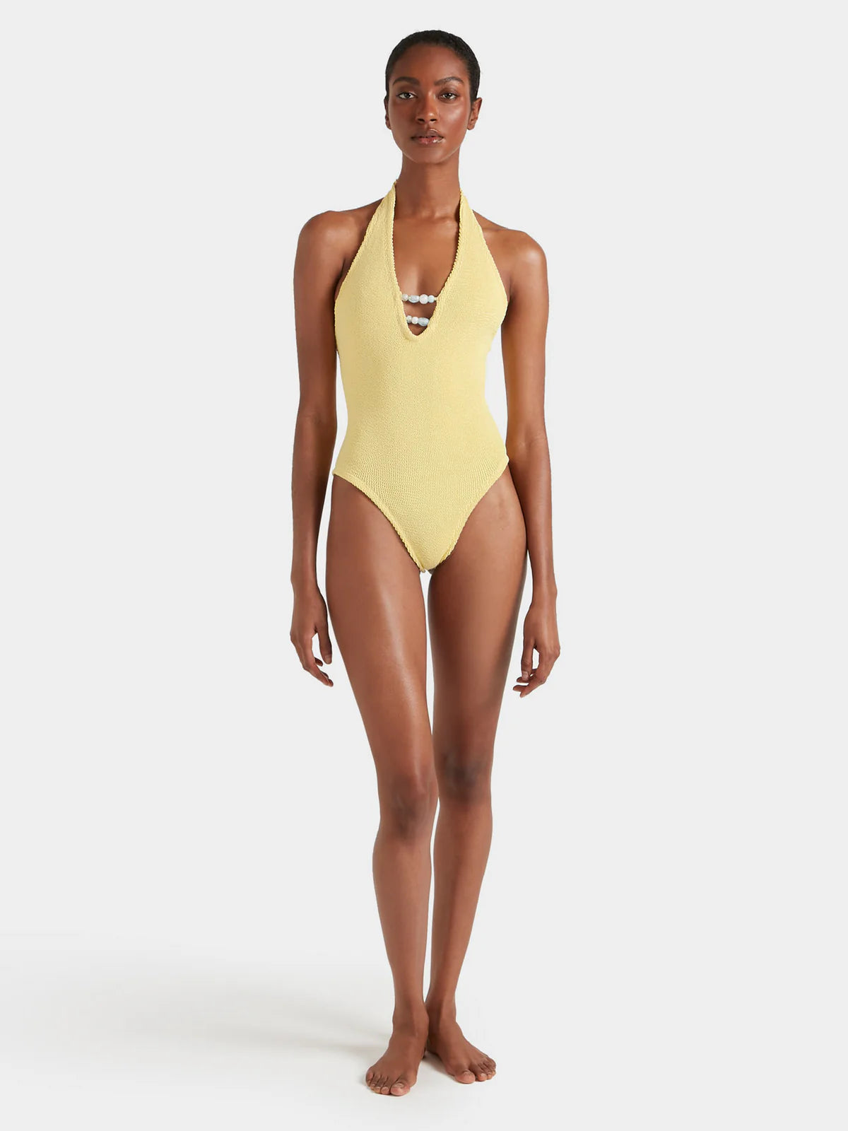 Model shot of yellow one sie swimsuit