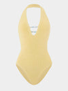 Yellow one size swimsuit with blue bead details from Hunza G