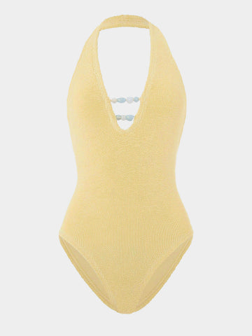 Yellow one size swimsuit with blue bead details from Hunza G