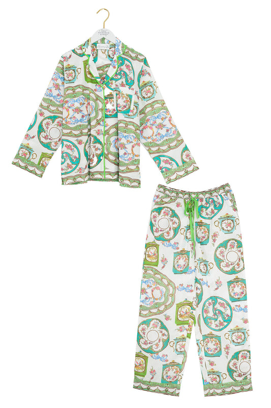 Floral pajama set with shirt and pants on a white background