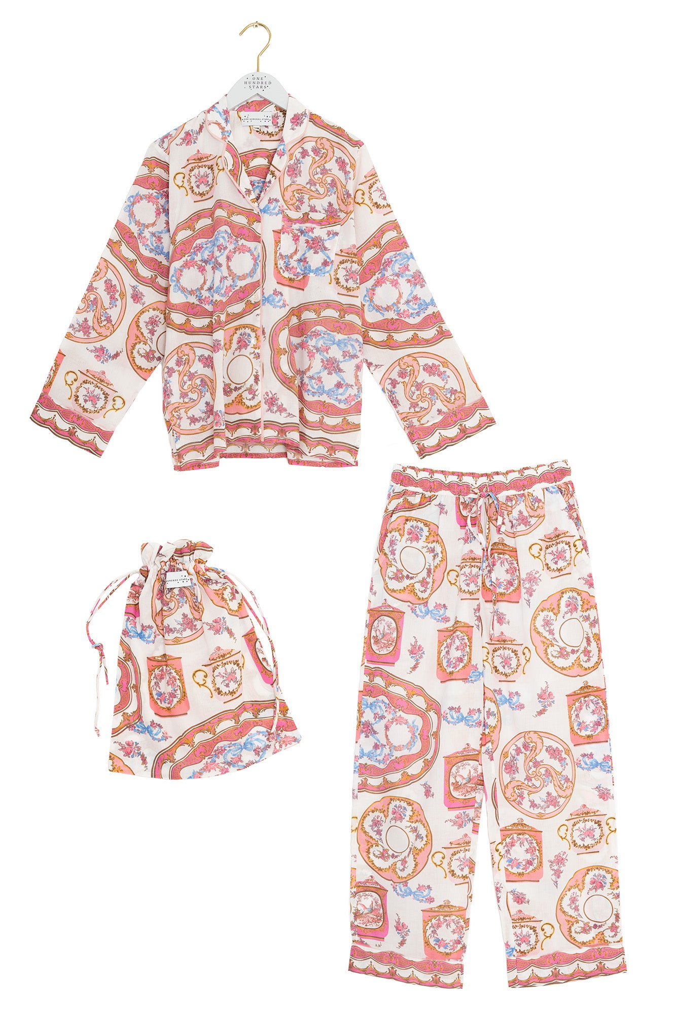 Floral pajama set with matching hat on a white background