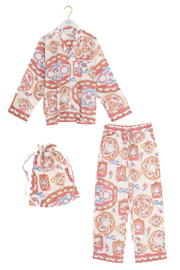 Floral pajama set with matching hat on a white background