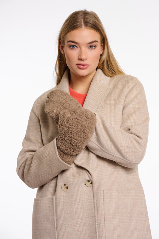 brown fluffy mitten gloves with magnetic closing