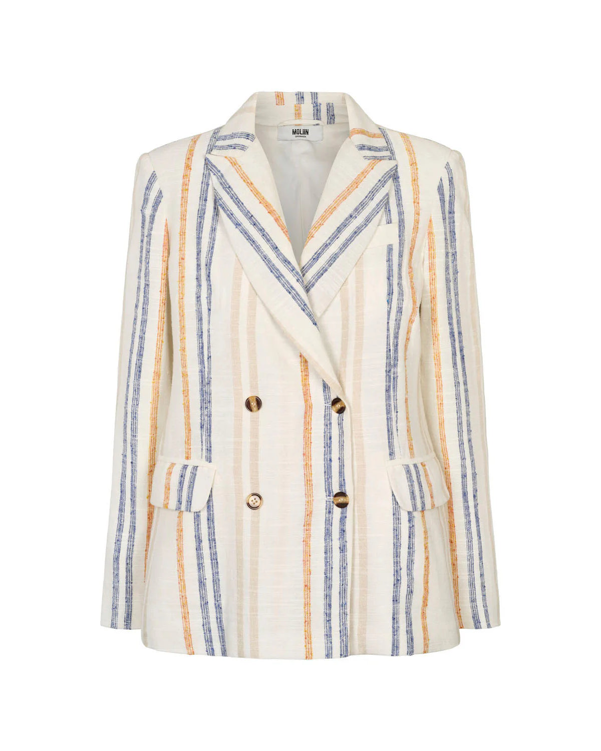 white jacket with blue yellow stripe on white background