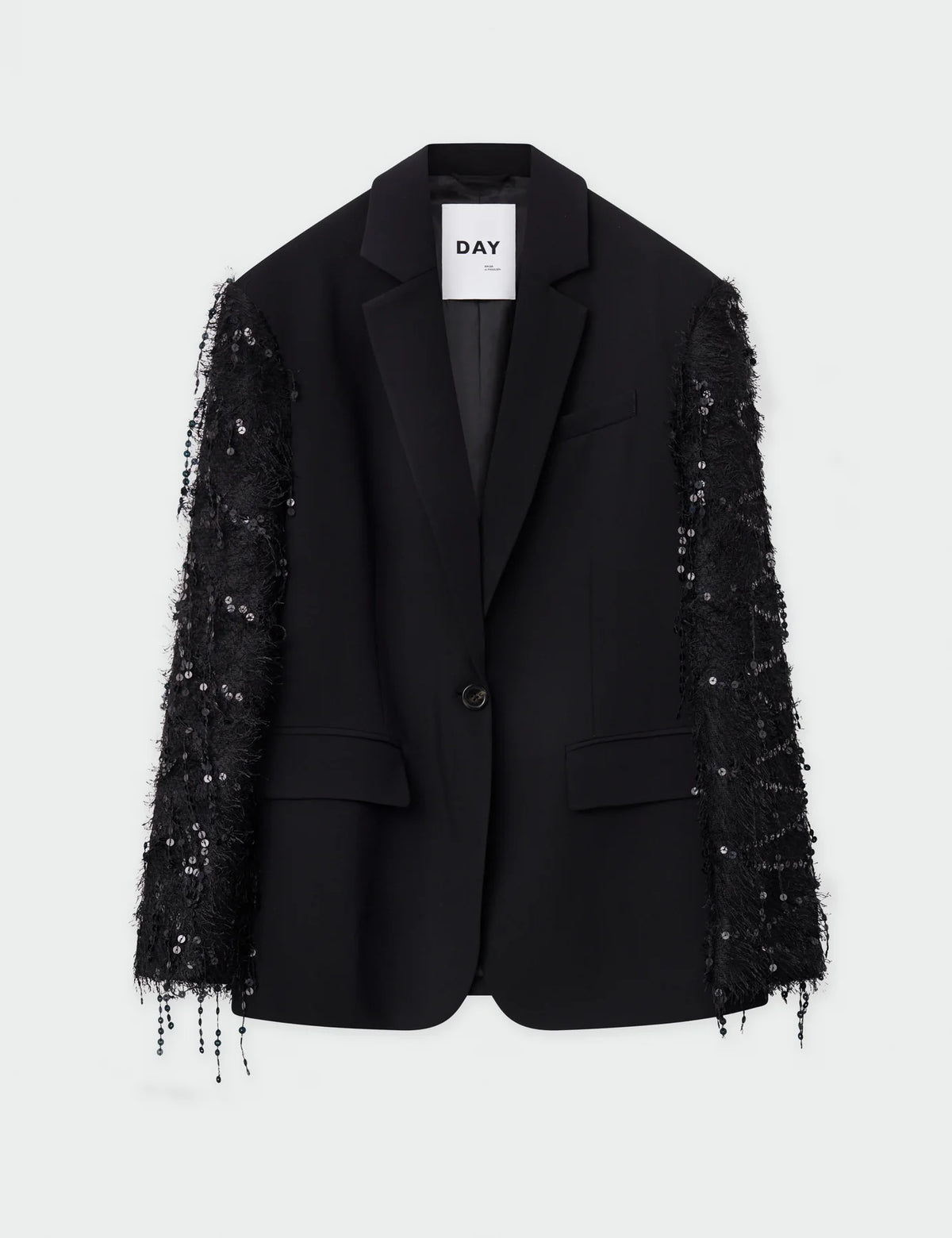 Black blazer with single breasted features and sequin and tassel sleeves black