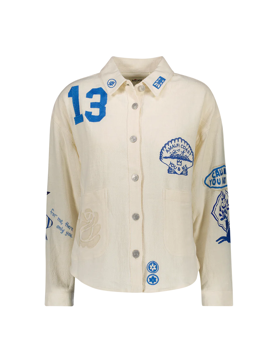 Ecru linen blend shirt jacket with blue embroidery details throughout