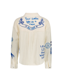 Ecru linen blend shirt jacket with blue embroidery details throughout