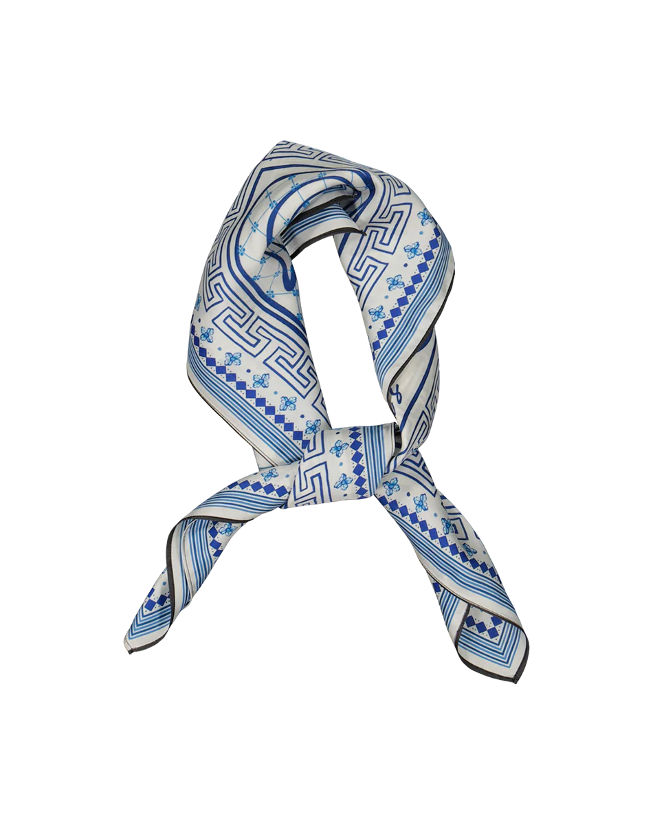 Blue and ivory dragon print square headscarf with border and "trust the timing of your life" logo