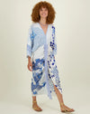 Kimono style ivory and blue dress with twist front and centre front split and V neckline with dragon and floral print and contrasting fabrics