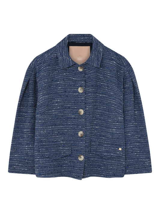 Cotton blend woven jacket with classic collar and bracelet length sleeves.