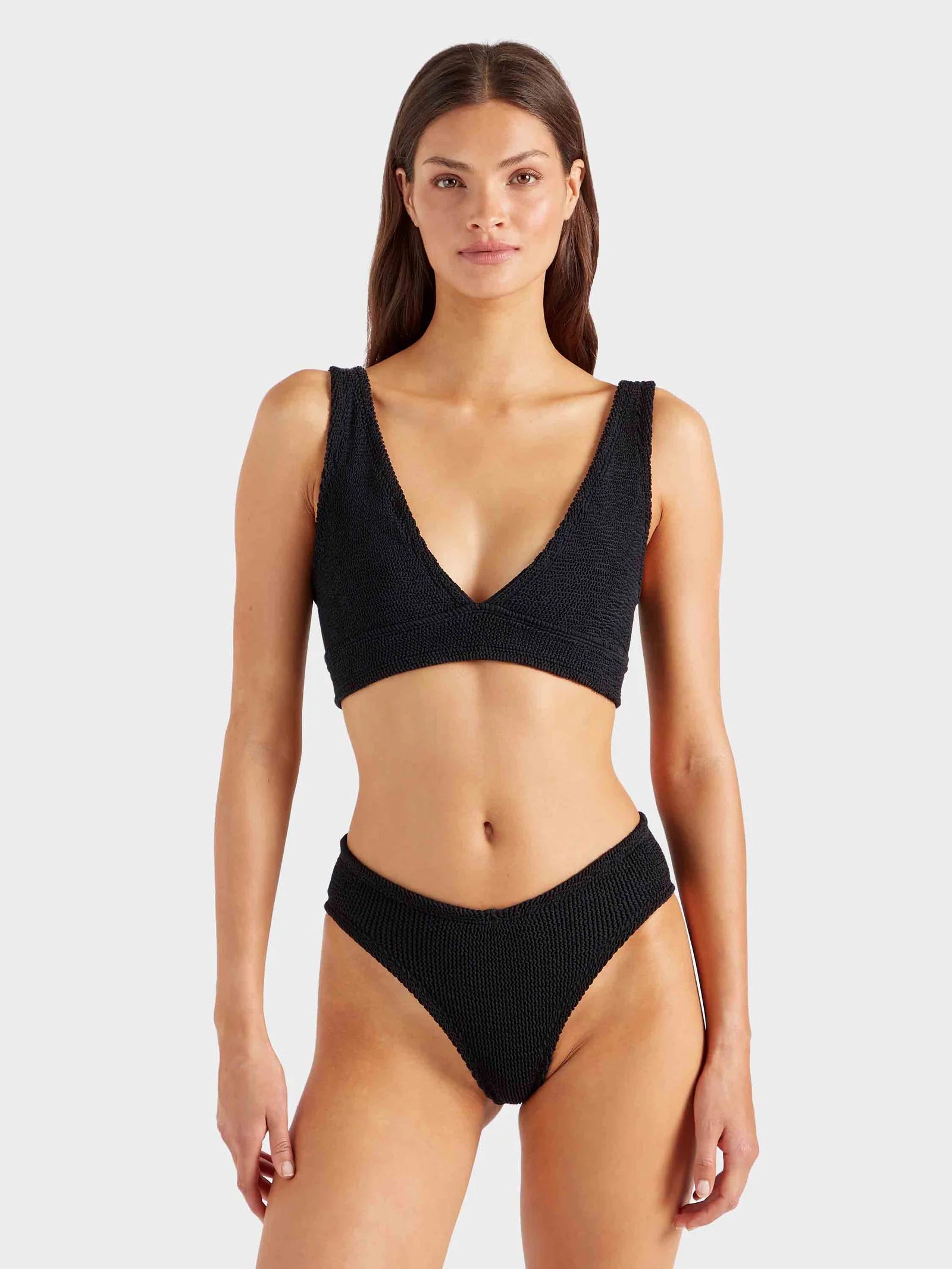 Close up model shot of black one size bikini from HunzaG