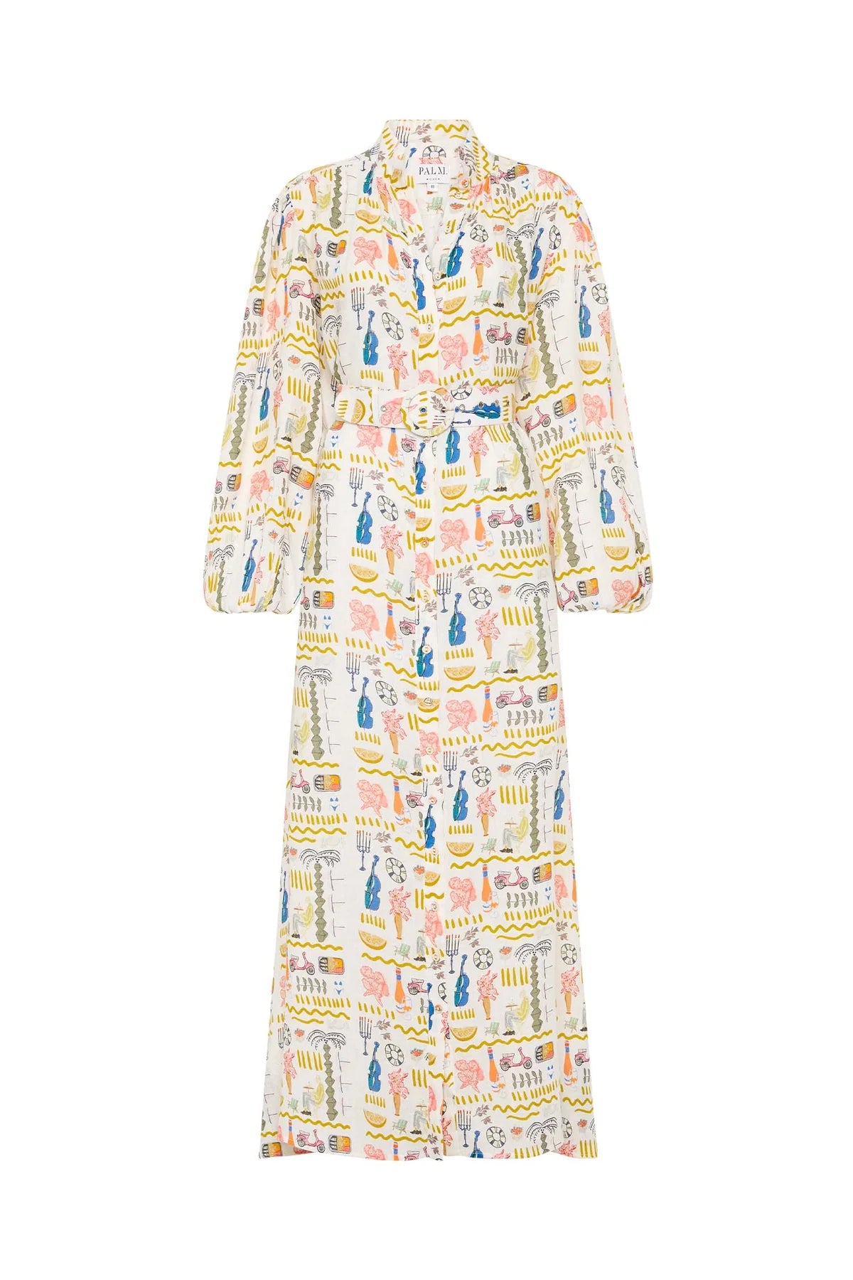 Linen maxi shirt dress with long sleeves and removable belt in Verano print