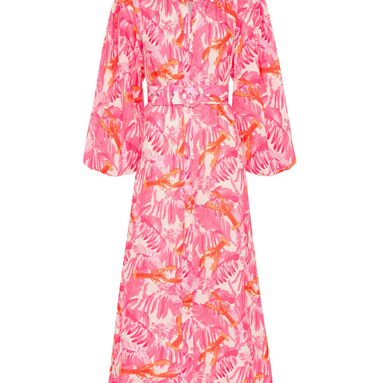 pink lobster print linen midi dress with long puff sleeves and belted waist 