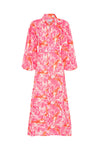 pink lobster print linen midi dress with long puff sleeves and belted waist 