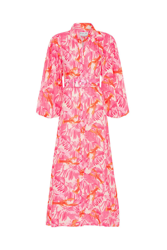 pink lobster print linen midi dress with long puff sleeves and belted waist 