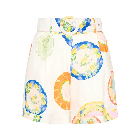 Plate print high waisted shorts in linen