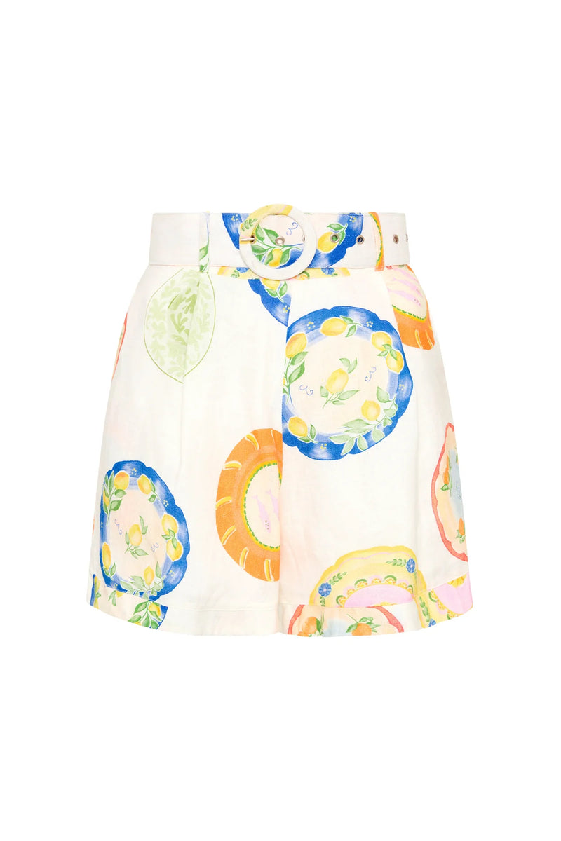 Plate print high waisted shorts in linen