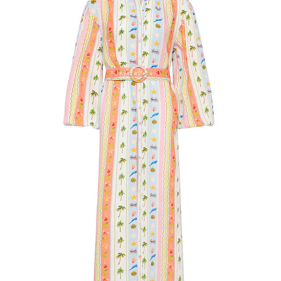 maxi length  linen dress with tropical print, puffy long sleeves and belted waist