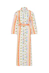 maxi length  linen dress with tropical print, puffy long sleeves and belted waist