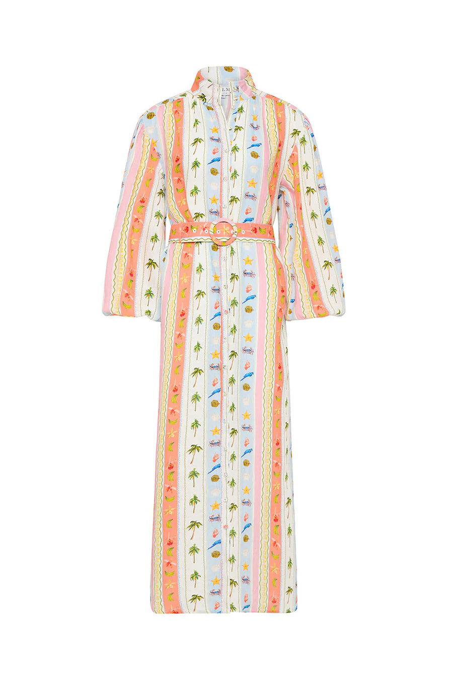 maxi length  linen dress with tropical print, puffy long sleeves and belted waist