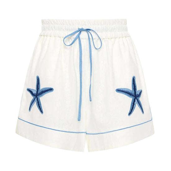 white shorts with blue starfish with elasticated drawstring waist 