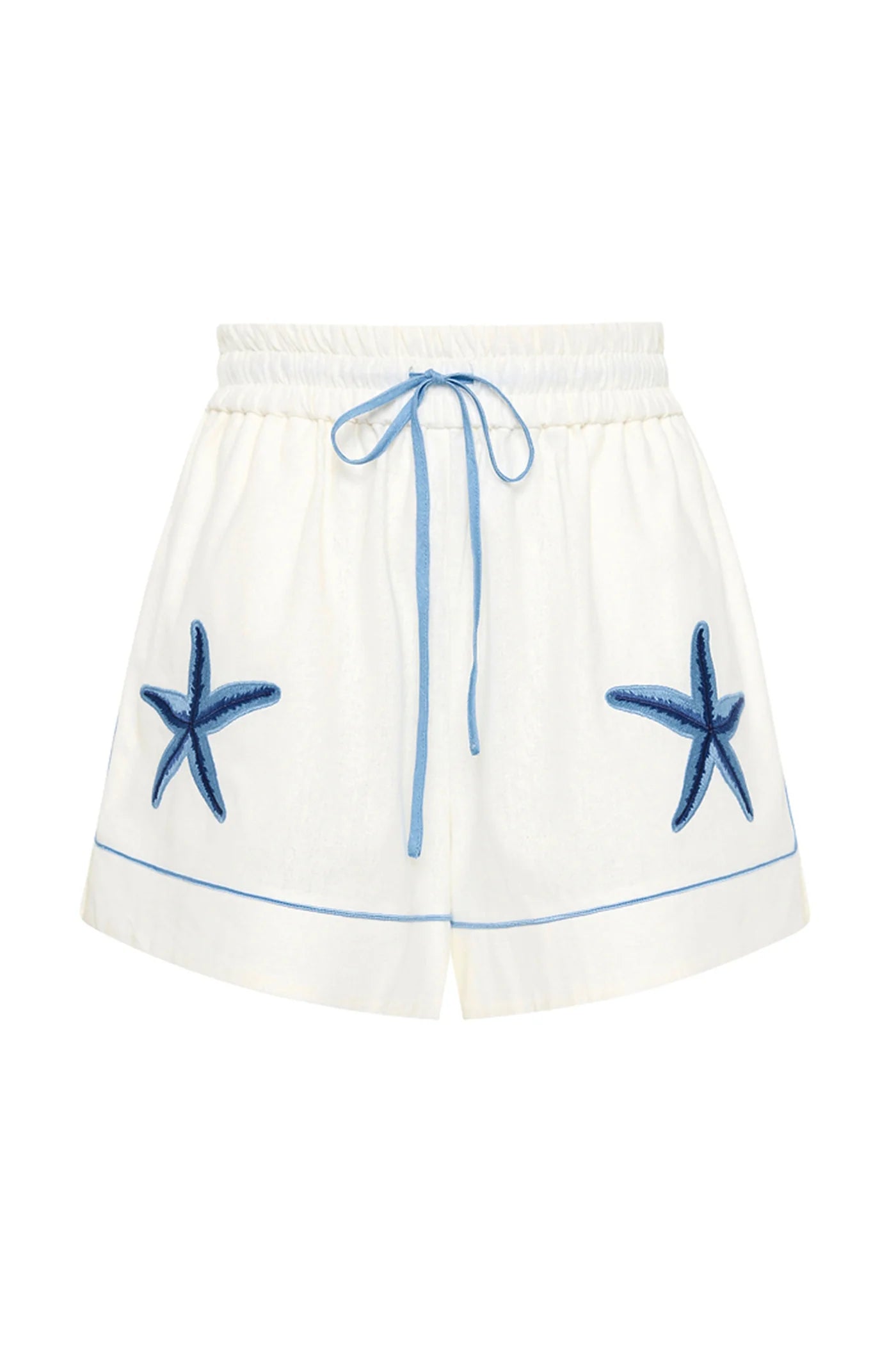 white shorts with blue starfish with elasticated drawstring waist 