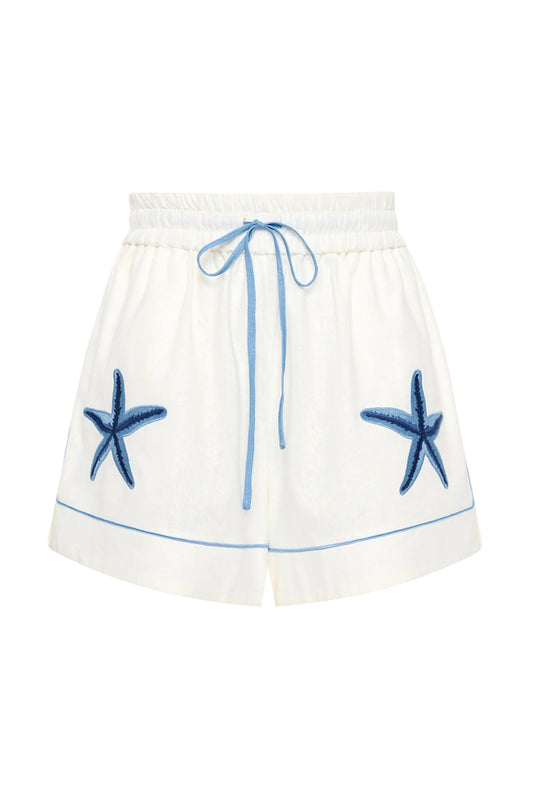 white shorts with blue starfish with elasticated drawstring waist 