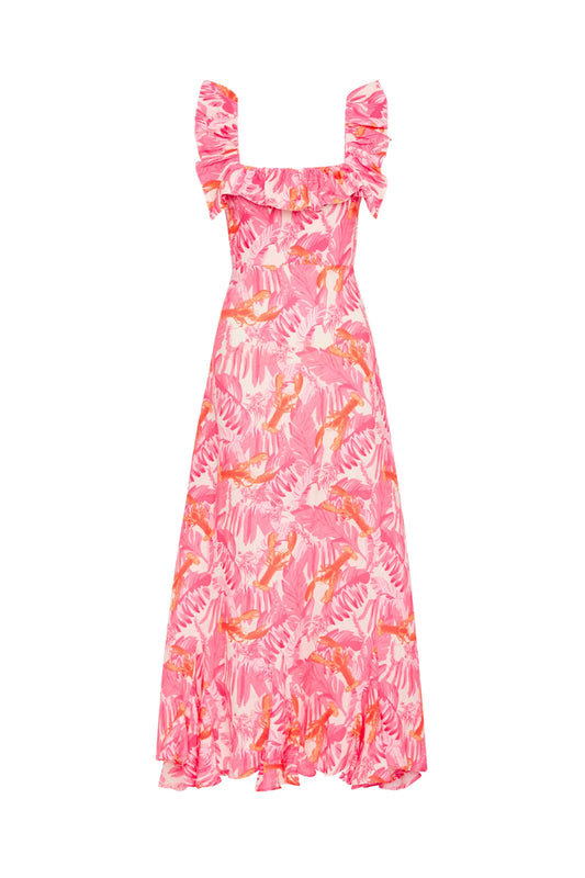 midi pink lobster print dress with wide ruffle straps 