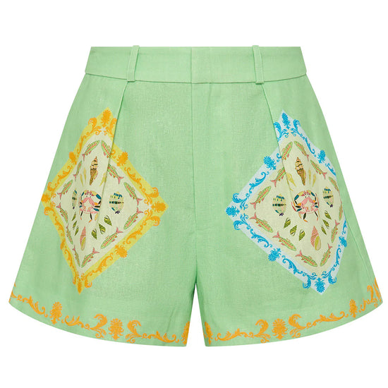 high rise wide leg green shorts with shell print on top from palm noosa
