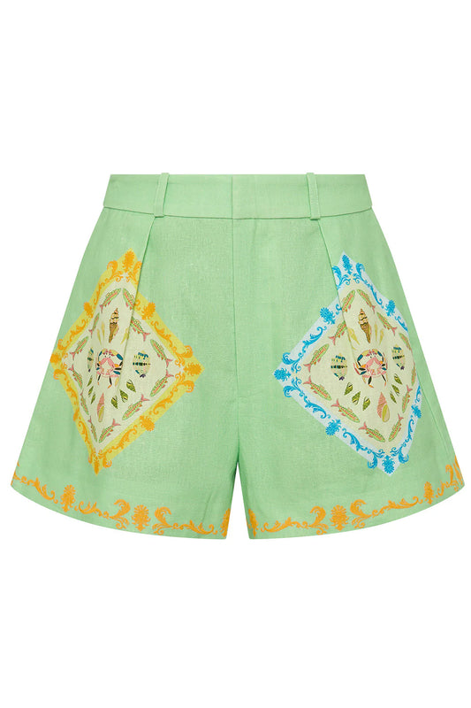 high rise wide leg green shorts with shell print on top from palm noosa