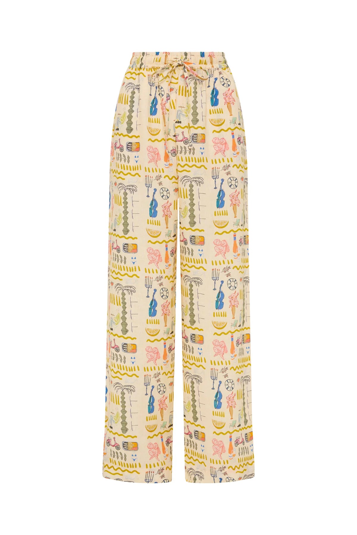 Linen drawstring trousers with a holiday inspired print