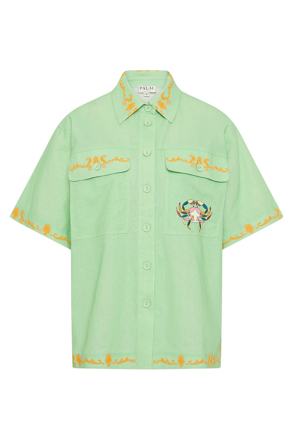short sleeve light green oversized linen shirt with button flap pockets and crab on pockets from palm noosa