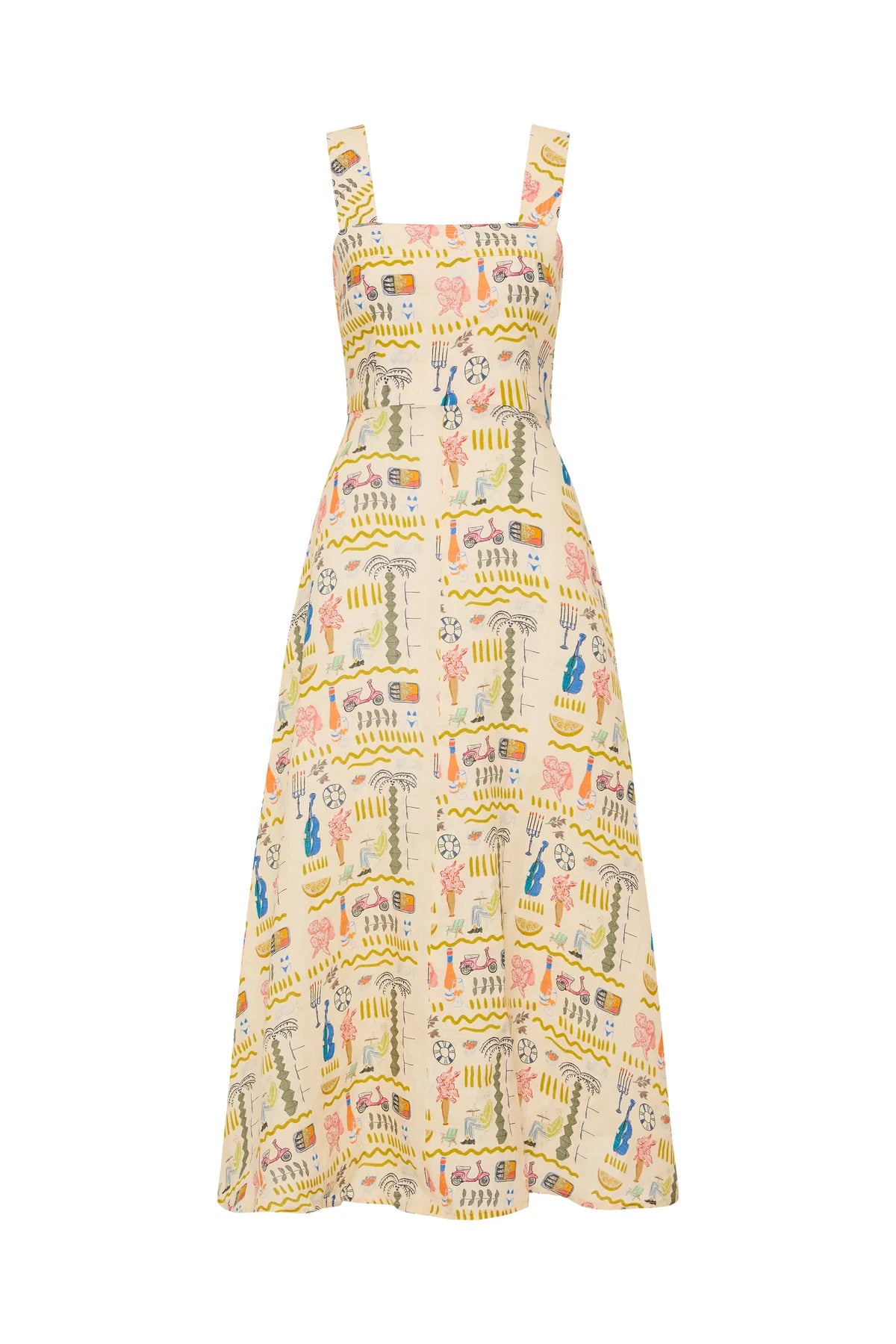 Linen summer dress in Italian inspired print with a fitted bodice and A line skirt
