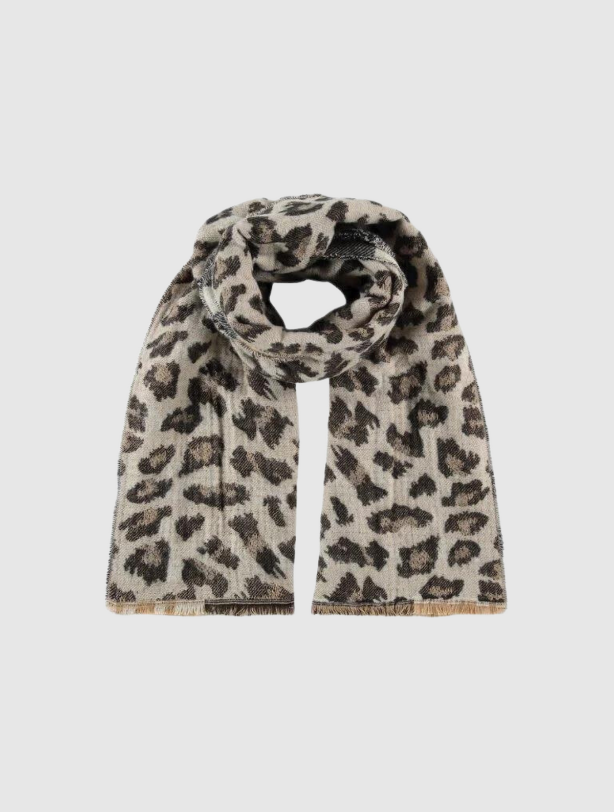 Reversible check and leopard print knitted scarf with tassels